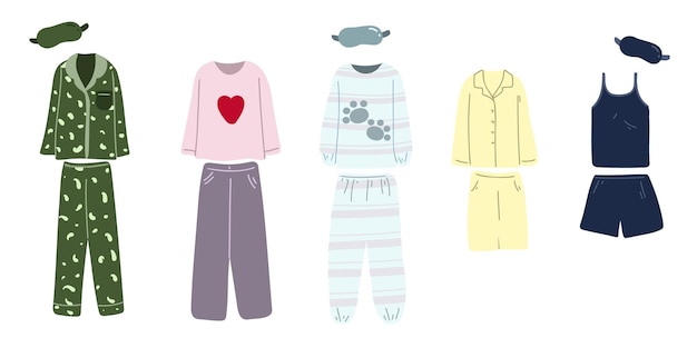 Vector conjunto de conjunto de pijama, camisa, pantalón y antifaz para dormir aislado