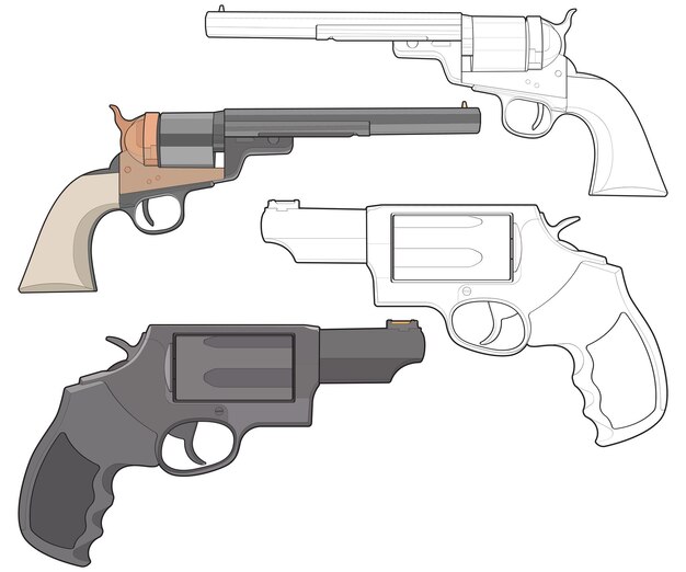 Conjunto de conjuntos de arte de revólver vectorial pistola de tiro ilustración de arma pistola de revólvers vectorial