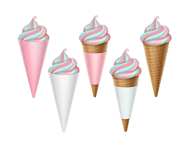 Conjunto de cono de gofre de helado colorido en cartón