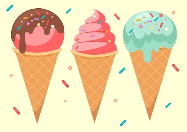 Conjunto de cono de helado helado colorido ilustración vectorial