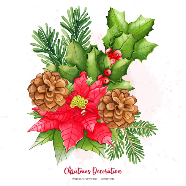 Conjunto de cono de pino de bayas de acebo de Navidad Ilustración de acuarela de pintura digital