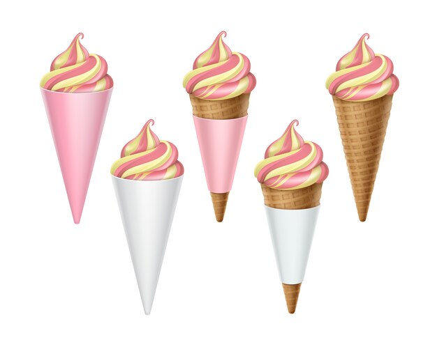 Conjunto de cono de waffle de helado colorido aislado