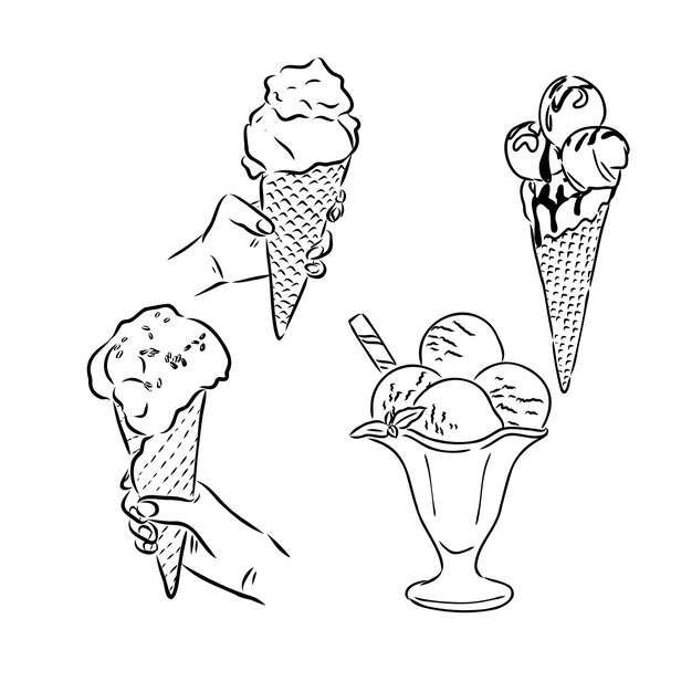 Conjunto de conos y barras de helado dibujados a mano