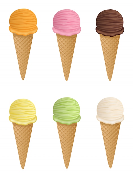 Vector conjunto de conos de helado aislados con diferentes sabores