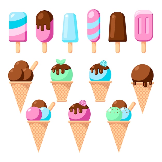 Conjunto de conos de helado con diferentes coberturas colección de vectores aislado sobre fondo blanco.