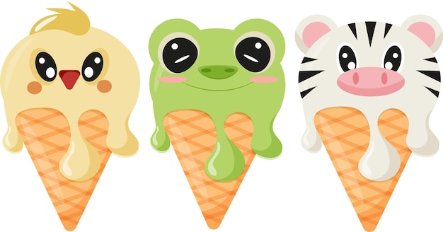 conjunto de conos con helado y estampado animal a saber cara de rana cara de pollo cara de cebra cara