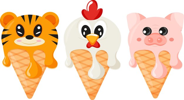 conjunto de conos con helado y estampado animal a saber cara de tigre cara de gallo cara de cerdo cara