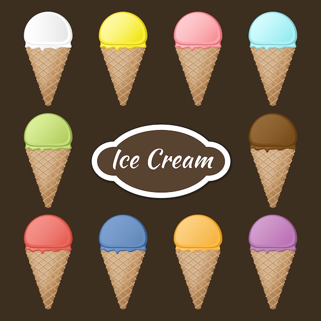 Conjunto de conos de waffle y bolas de helado con diferentes sabores y colores.
