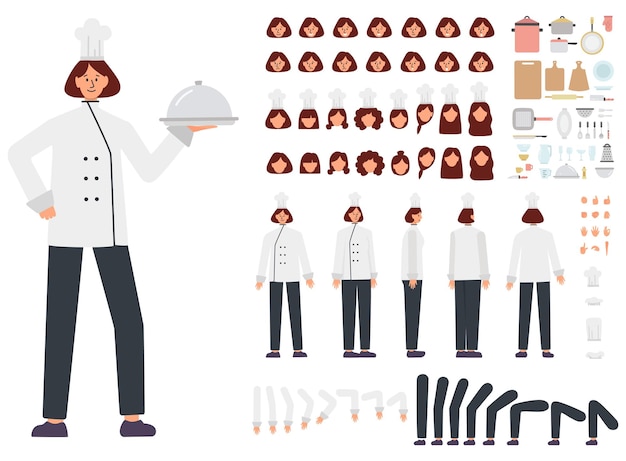 Conjunto de constructor de chef femenina. Especialista culinario caucásico joven