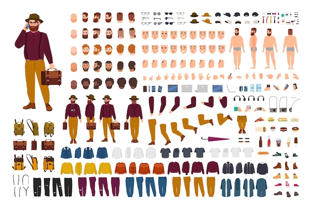 Conjunto de constructor de hombre gordo o robusto o kit de bricolaje. Paquete de partes del cuerpo de personajes de dibujos animados planos en varias posturas, ropa elegante aislada sobre fondo blanco. Vista frontal, lateral y posterior. Ilustración vectorial.