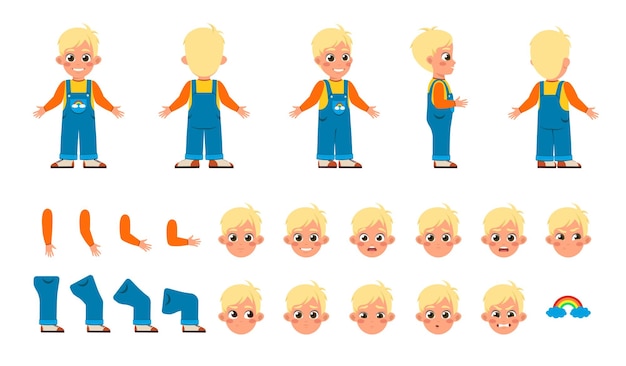 Vector conjunto de constructor de personajes para animación niño lindo en mono elegante partes del cuerpo en