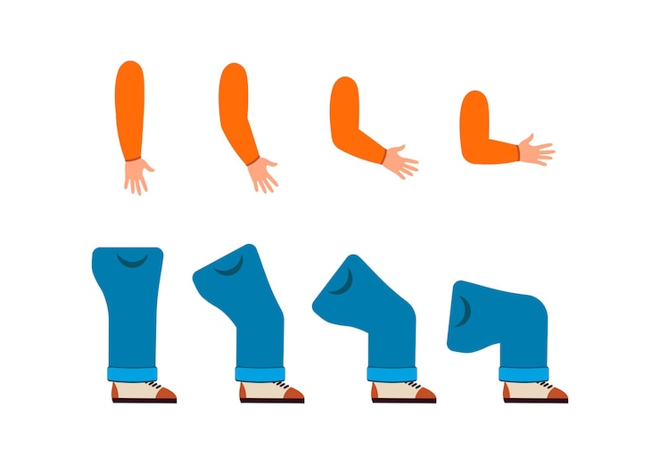 Vector conjunto de constructor de personajes para la animación de piernas y brazos de niños pequeños con rodillas y codos doblados
