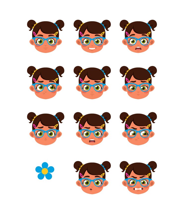 Vector conjunto de constructor de personajes para la cara de animación de una niña preescolar linda que lleva gafas