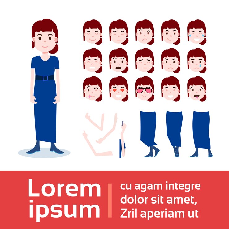 Vector conjunto de constructor de personajes de niña de varias caras de emoción femenina, manos, piernas partes del cuerpo