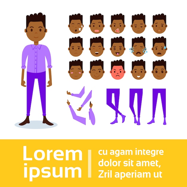 Conjunto de constructor de personajes de niño africano de varias caras de emoción masculina, manos, piernas, partes del cuerpo