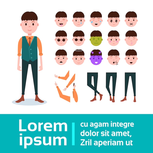 Conjunto de constructor de personajes de niño de varias caras de emoción masculina, manos, piernas, partes del cuerpo