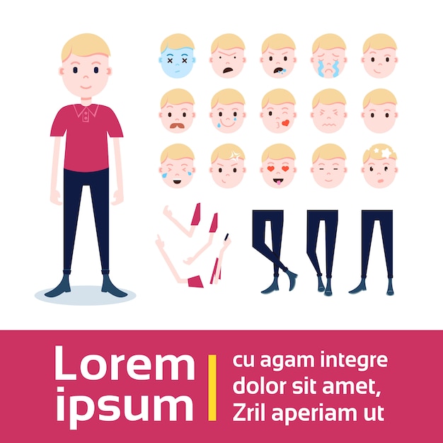 Conjunto de constructor de personajes de niño de varias caras de emoción masculina, manos, piernas, partes del cuerpo