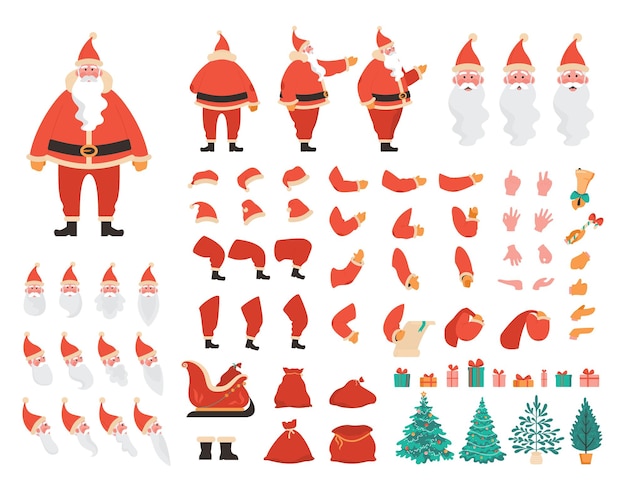 Conjunto de constructor de santa claus. feliz personaje viejo con barba blanca en traje rojo para la animación con varios puntos de vista, emoción, pose y gesto. elementos navideños. ilustración vectorial plana