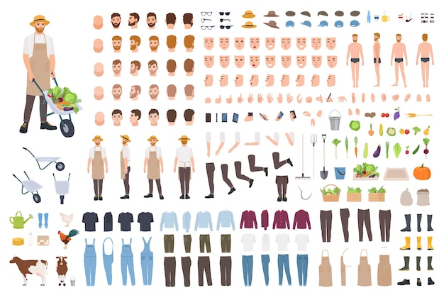 Conjunto de constructores de agricultores o trabajadores agrícolas o generador de avatar. paquete de partes del cuerpo de personajes masculinos, emociones, ropa, herramientas de trabajo aisladas en fondo blanco. ilustración de vector de dibujos animados plana.