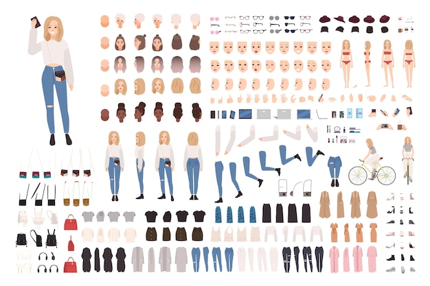 Conjunto de constructores de chicas jóvenes de moda o kit de bricolaje. Colección de elementos corporales en varias posturas, ropa de moda. Personaje de dibujos animados femenino. Vistas frontales, laterales y traseras. Ilustración de vector plano.
