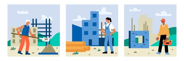 Conjunto de constructores que verifican el proceso de construcción Hombre sosteniendo pala y vertiendo cemento