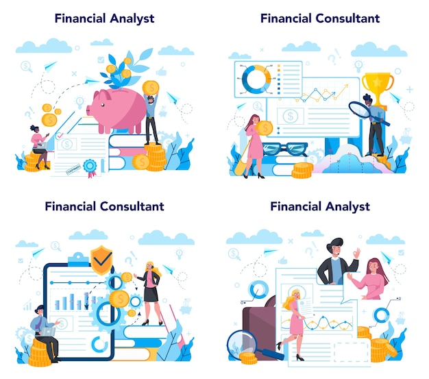 Conjunto de consultor o analista financiero. Carácter empresarial haciendo financiero