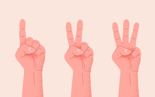 Conjunto de contar uno, dos, tres, mano, señal, tres pasos, o, opciones, concepto