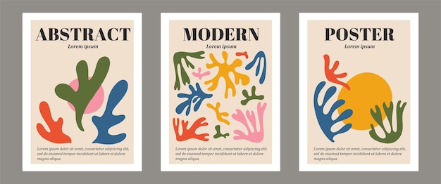 Conjunto contemporáneo de moda de composición de silueta de algas pintada a mano artística minimalista geométrica abstracta matisse. Carteles vectoriales para decoración de paredes en estilo moderno de mediados de siglo.