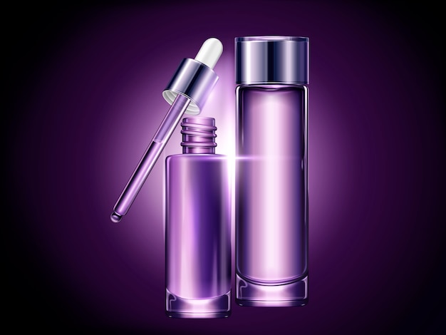 Conjunto de contenedor en blanco púrpura, cosmético para usos en ilustración, gotita y botella de tóner