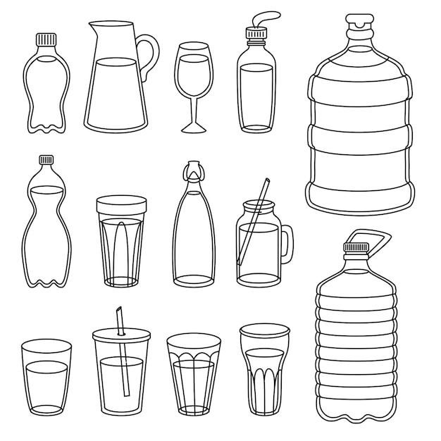 Conjunto de contenedores de agua de vector vasos botellas de vidrio botellas de plástico