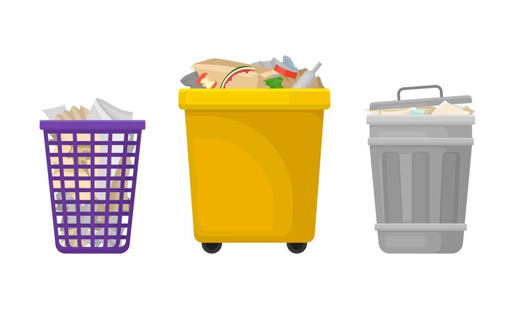 Vector conjunto de contenedores de basura cestas de basura de plástico y metal para la ilustración del vector de residuos domésticos