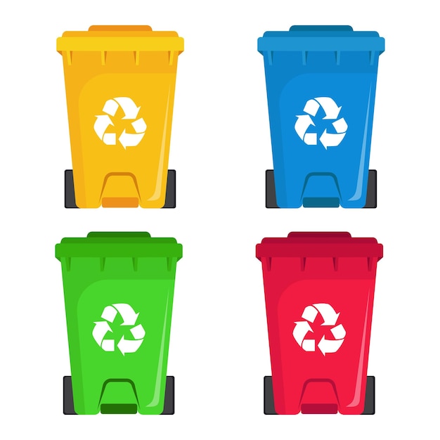Conjunto de contenedores de basura de colores Concepto de reciclaje de botes de basura para salvar el medio ambiente mundial Ilustración