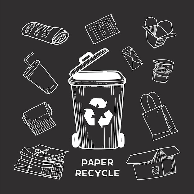 Conjunto de contenedores de basura dibujados a mano Símbolo de reciclaje Ilustración vectorial