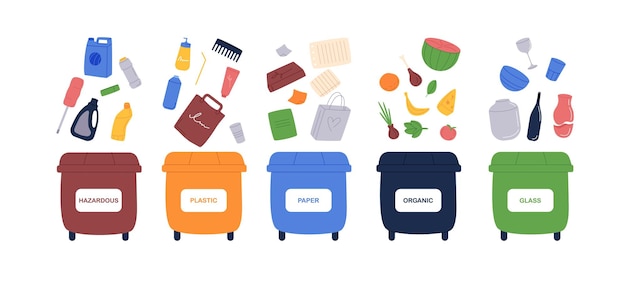 Conjunto de contenedores de basura de diferentes colores para clasificar la basura Concepto de separación de basura Contenedores para vidrio plástico y desechos orgánicos Ilustración vectorial plana aislada en fondo blanco
