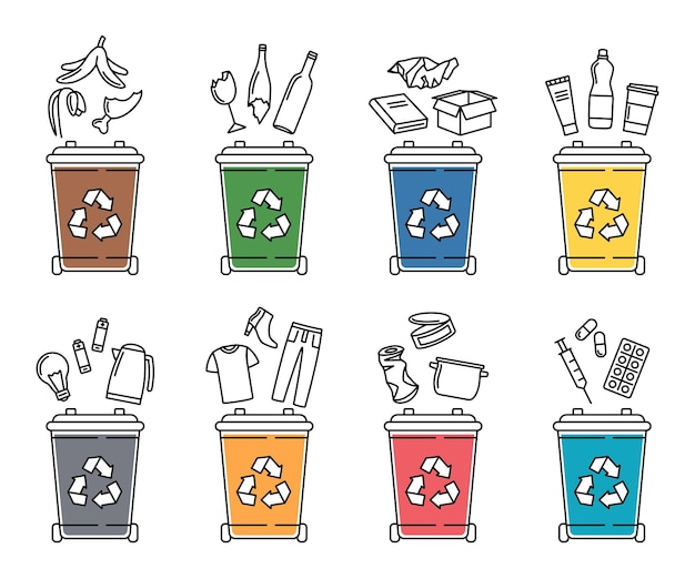 Conjunto de contenedores de basura para reciclar diferentes tipos de residuos Clasificación y reciclaje de residuos ilustración vectorial