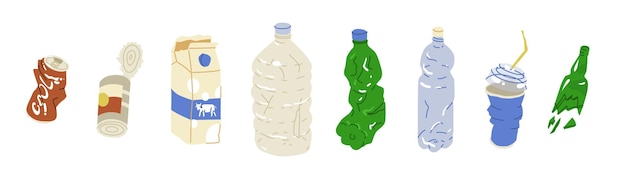 Vector un conjunto de contenedores dañados botellas y frascos de metal de vidrio plástico el concepto de reciclaje y clasificación de basura una imagen para conservacionistas y empresas de reciclaje de residuos ilustración vectorial