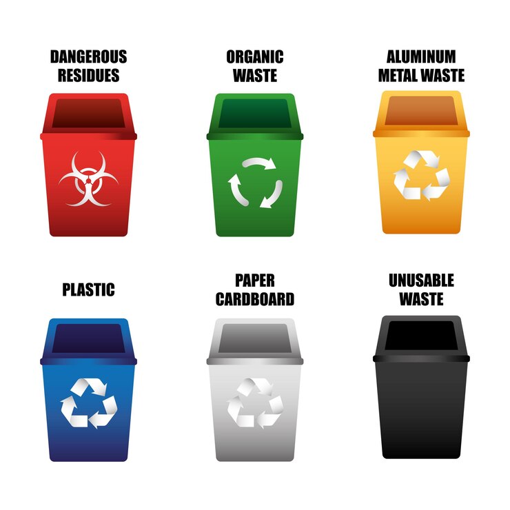 Vector conjunto de contenedores de reciclaje con iconos ilustración vectorial aislada