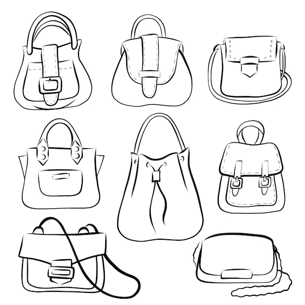 Vector un conjunto de contorno de bolsos de mujer handdrawn contorno negro sobre un fondo blanco estilo doodle