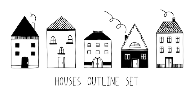 Conjunto de contorno de la casa Ilustración de stock de vector de estilo de línea de doodle simple