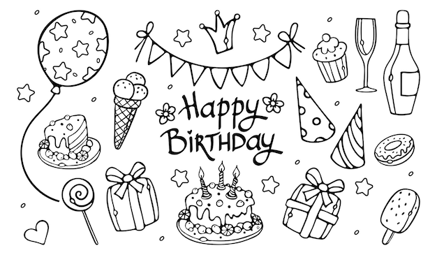 Vector conjunto de contorno de doodle dibujado a mano de fiesta de feliz cumpleaños vector premium