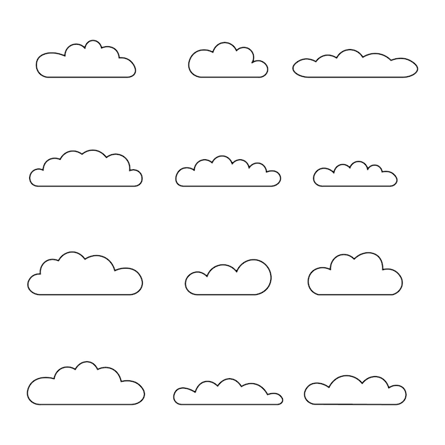 Conjunto de contorno de nube Colección de iconos de línea de nube aislada sobre fondo blanco Ilustración vectorial