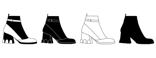 Conjunto de contorno silueta en blanco y negro de zapatos de mujer botas botines modelo de zapato de mujer
