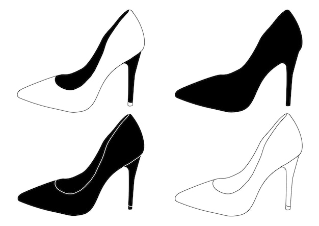 Conjunto de contorno silueta blanco y negro de zapatos de mujer modelo de zapato de estilo plano | Vector Premium