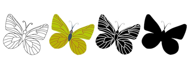 conjunto, de, contorno, silueta, insecto, mariposas