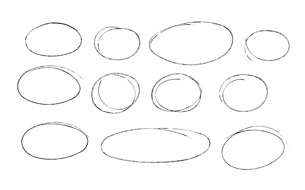 Conjunto de contornos de boceto de una elipse sobre fondo blanco dibujados manualmente con un marcador de una sola línea