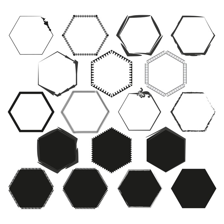Vector conjunto de contornos de hexágonos diversos diseños únicos de bordes para enmarcamientos creativos colección versátil de polígonos