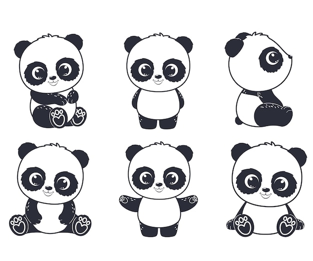 Un conjunto de contornos de pandas lindos Ilustración vectorial de una caricatura