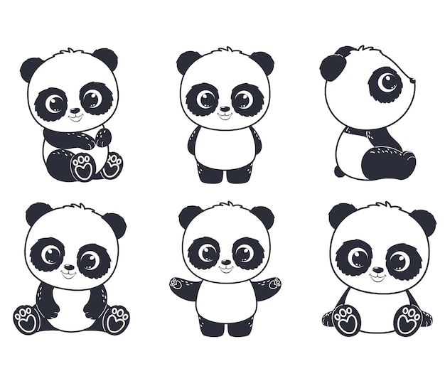 Vector un conjunto de contornos de pandas lindos ilustración vectorial de una caricatura