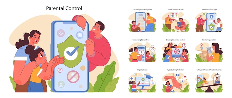 Vector conjunto de control parental que gestiona la seguridad infantil en línea con diversas aplicaciones en las que se involucra la familia