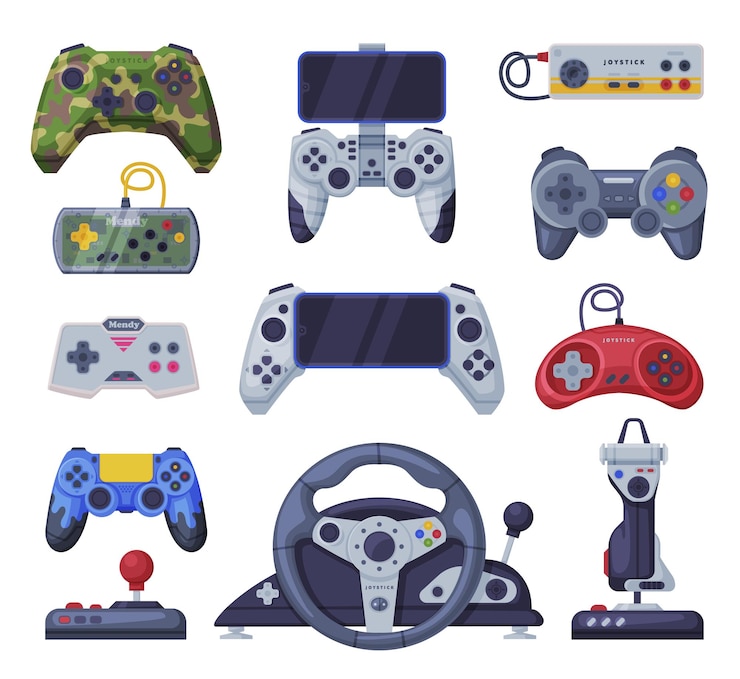 Vector conjunto de controladores de consola de juegos jugadores de videojuegos accesorios dispositivo ilustración vectorial